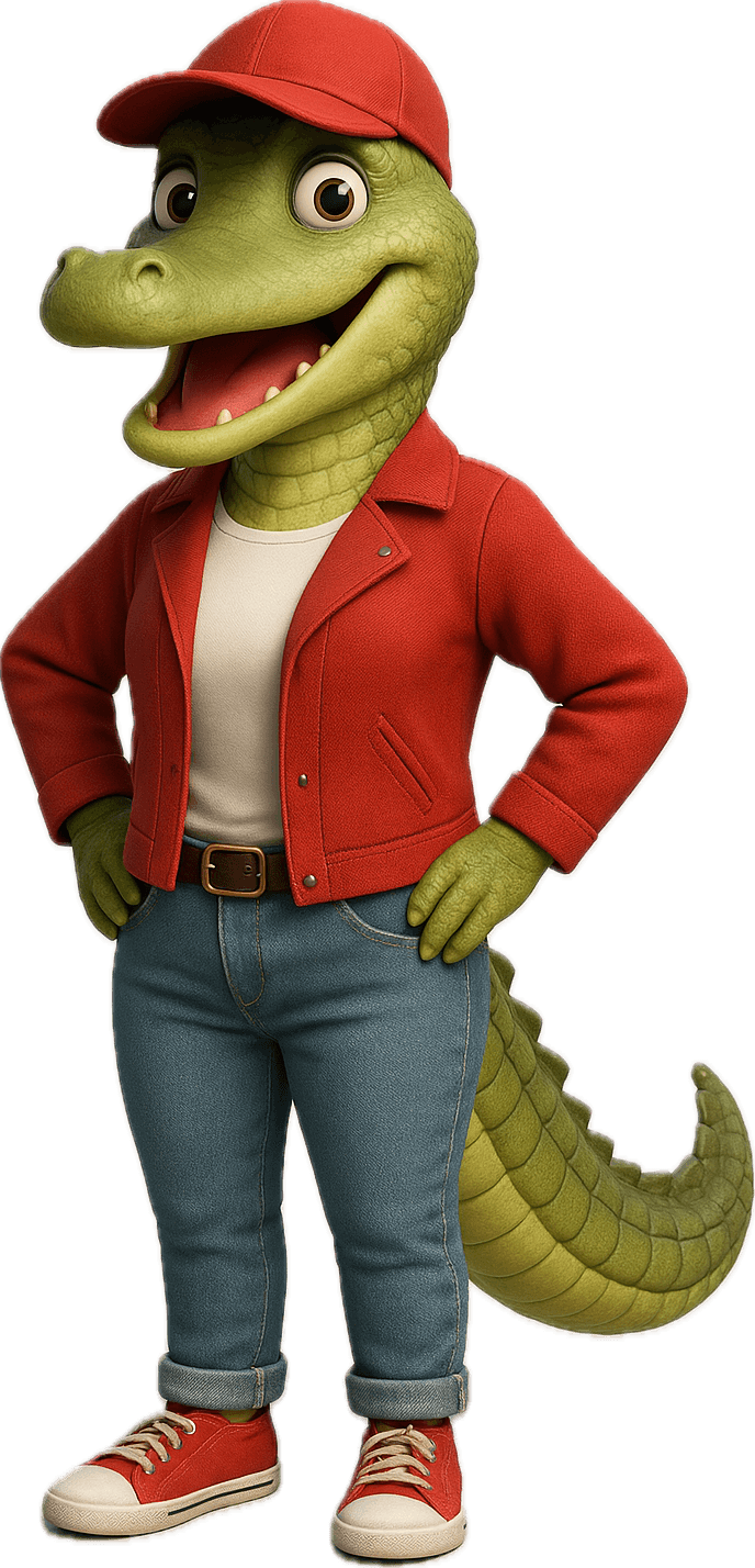 Un personaje de cocodrilo animado vistiendo ropa moderna, con una chaqueta roja, una camiseta blanca y un sombrero rojo, con una expresión amigable.