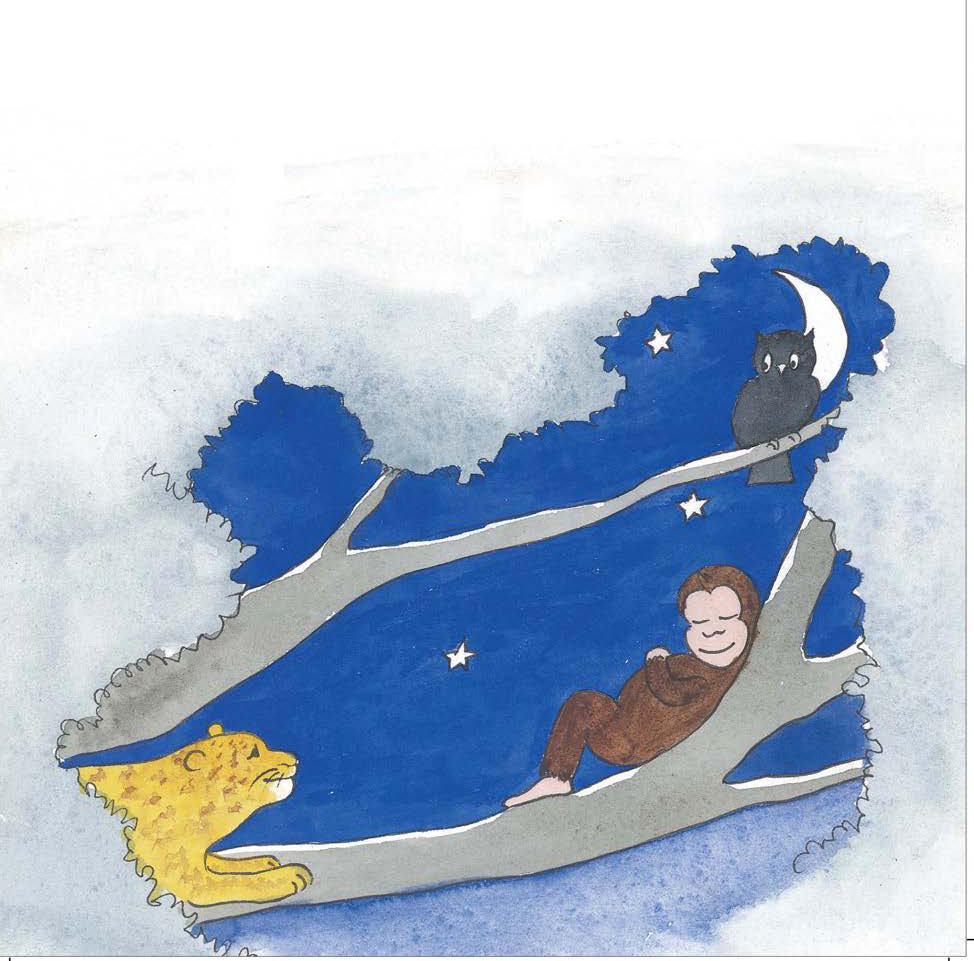A monkey sleeps on a gray tree branch while a yellow leopard watches from below and an owl perches near a crescent moon and stars in the night sky.