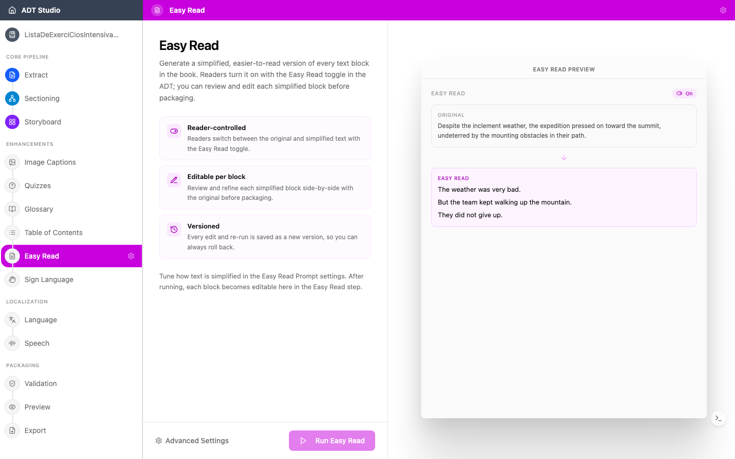 The Easy Read stage before it has run, showing the reader-controlled, editable, and versioned callouts alongside a sample Easy Read preview