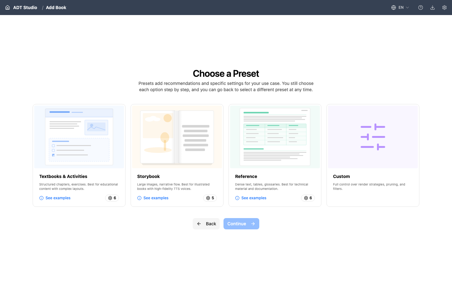 The "Choose a Preset" screen, showing four preset cards: Textbooks & Activities, Storybook, Reference, and Custom
