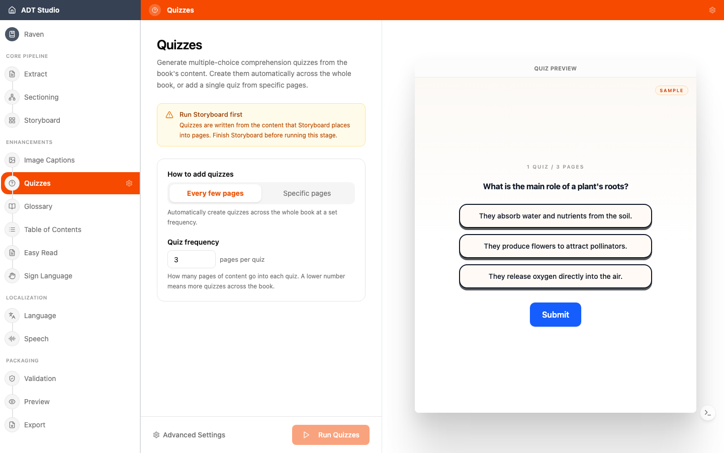 The Quizzes stage before it has run, showing quiz frequency settings alongside an interactive sample quiz preview