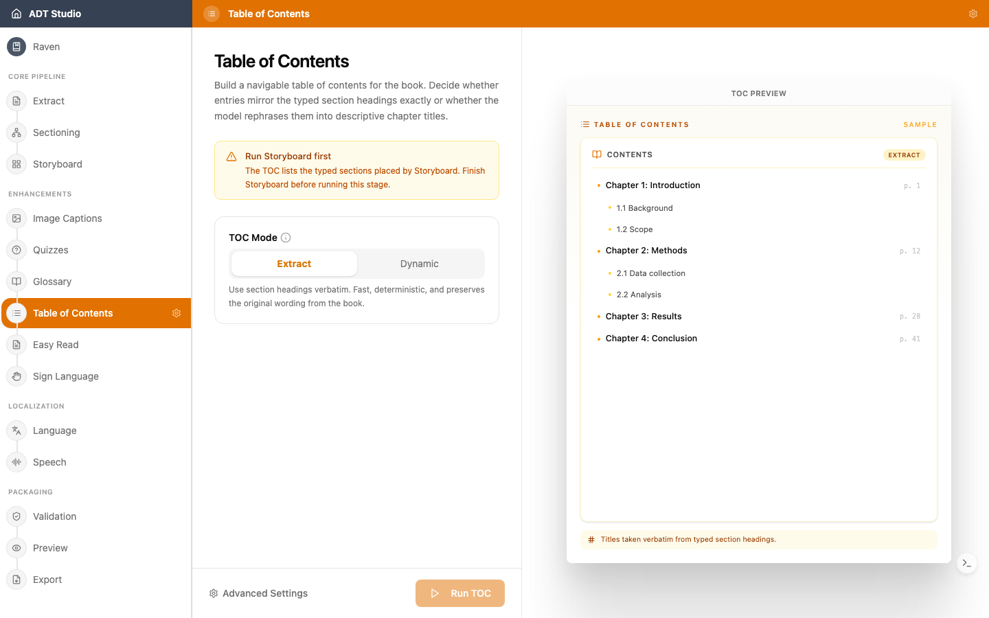 The Table of Contents stage before it has run, showing the TOC Mode choice alongside a sample table of contents preview
