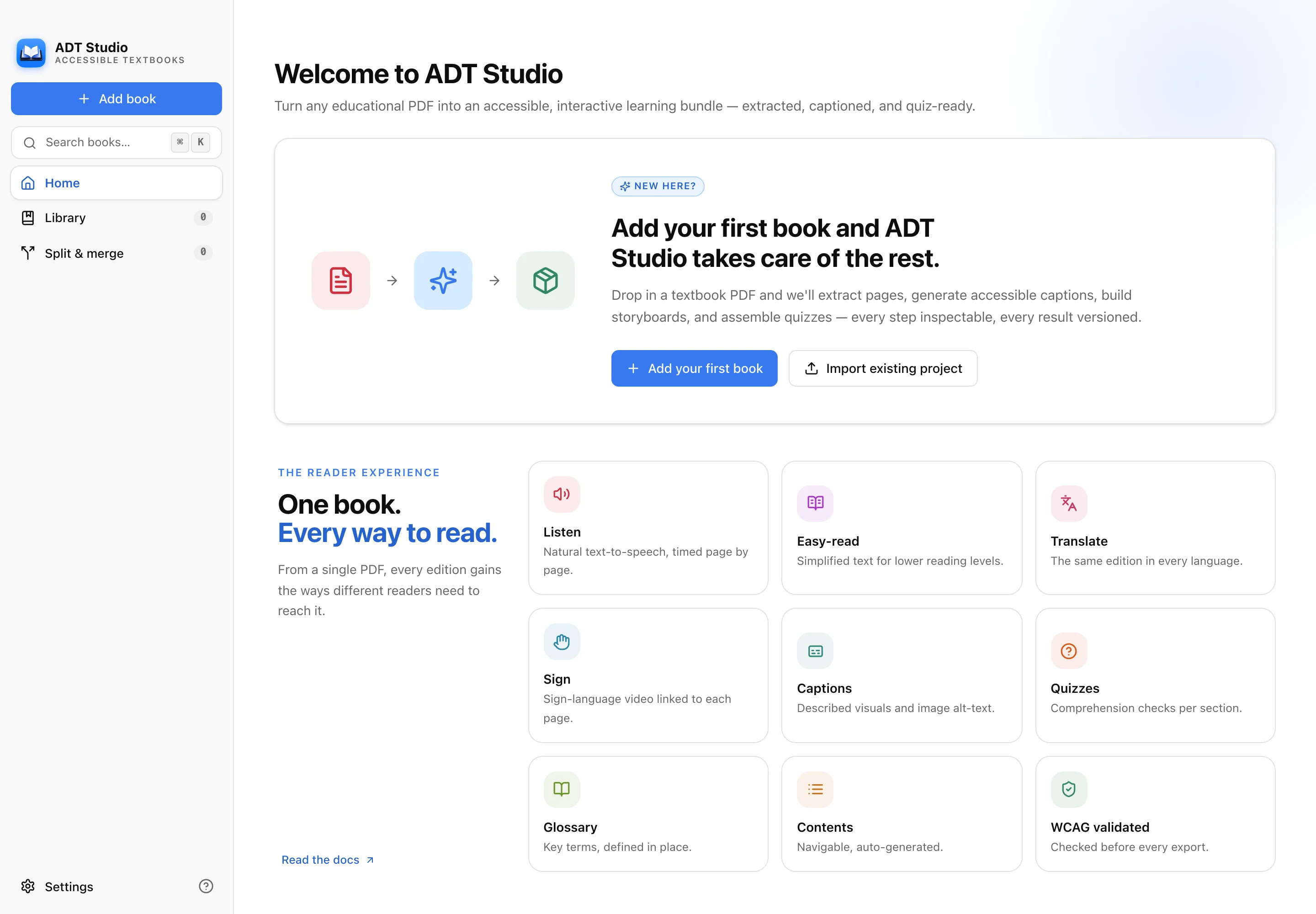 ADT Studio home screen on first launch, with the welcome card and the reader features.