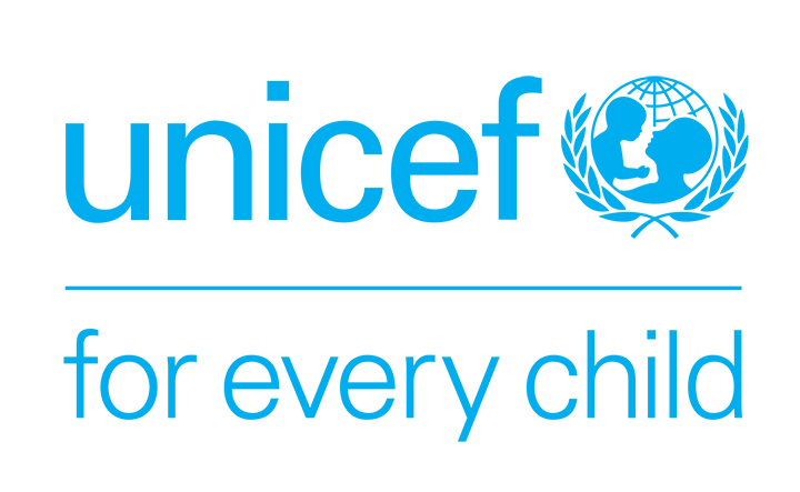 UNICEF logo with tagline in cyan with the tagline set underneath the wordmark for light backgrounds.