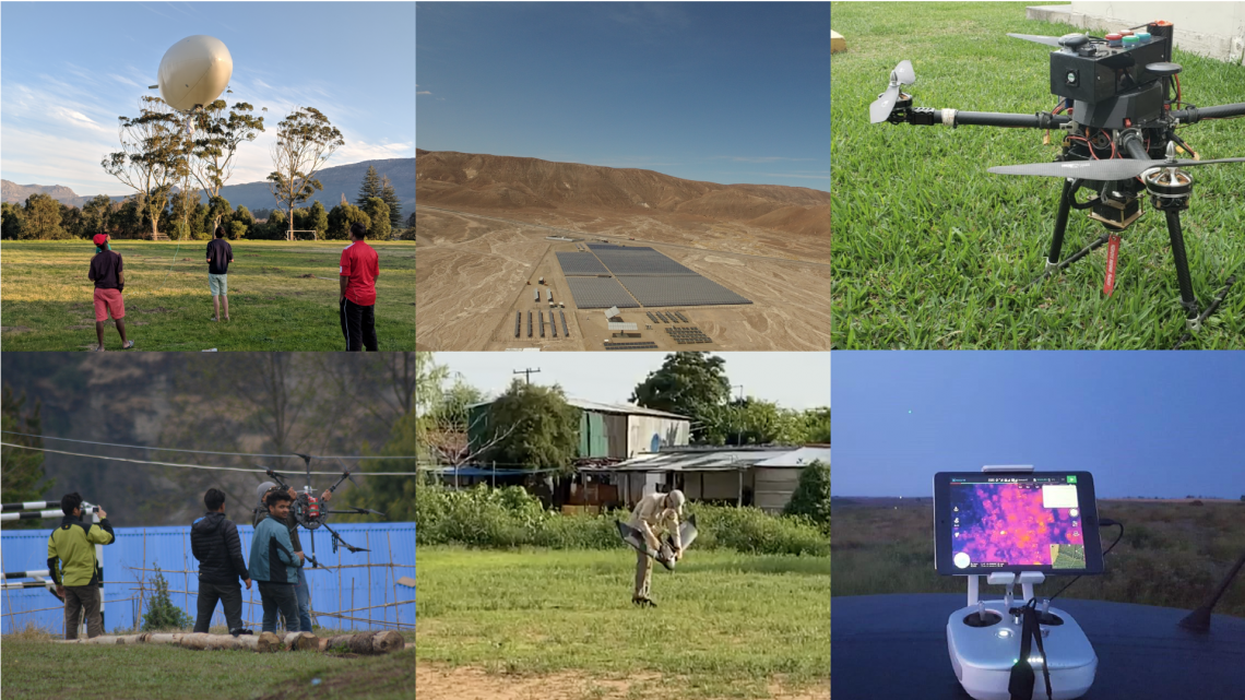 A grid of six images are shown. The six images depict various aspects of testing and building drones. Some images feature UNICEF Venture Fund start-up companies.