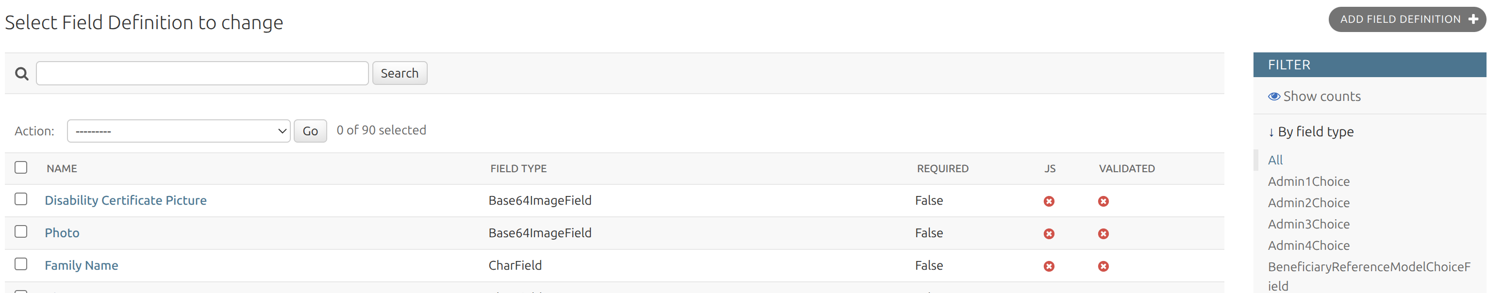 Field Definitions list