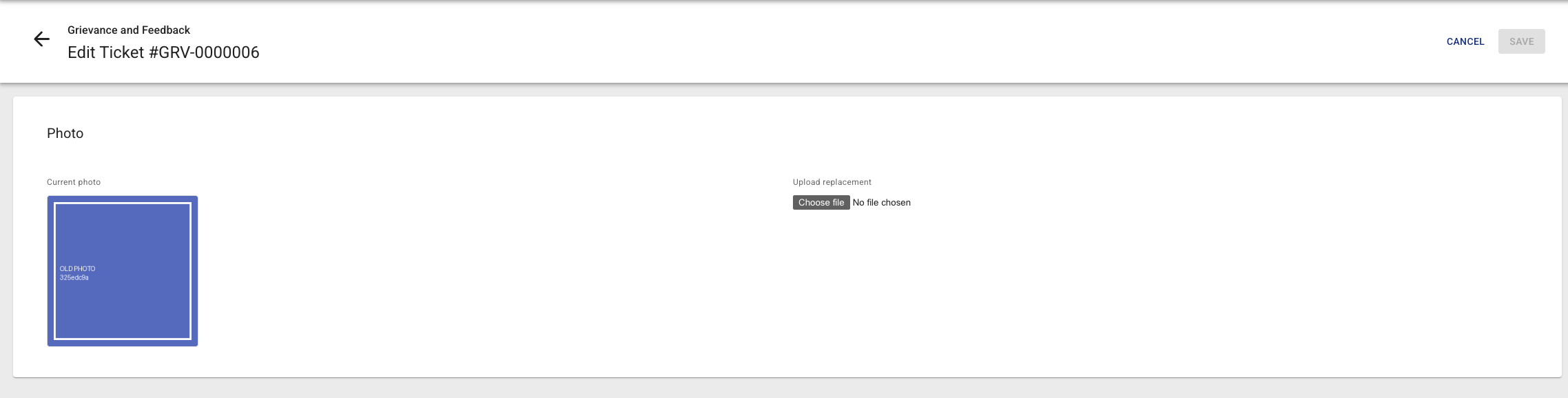 The photo upload page, with Save disabled until a file is chosen