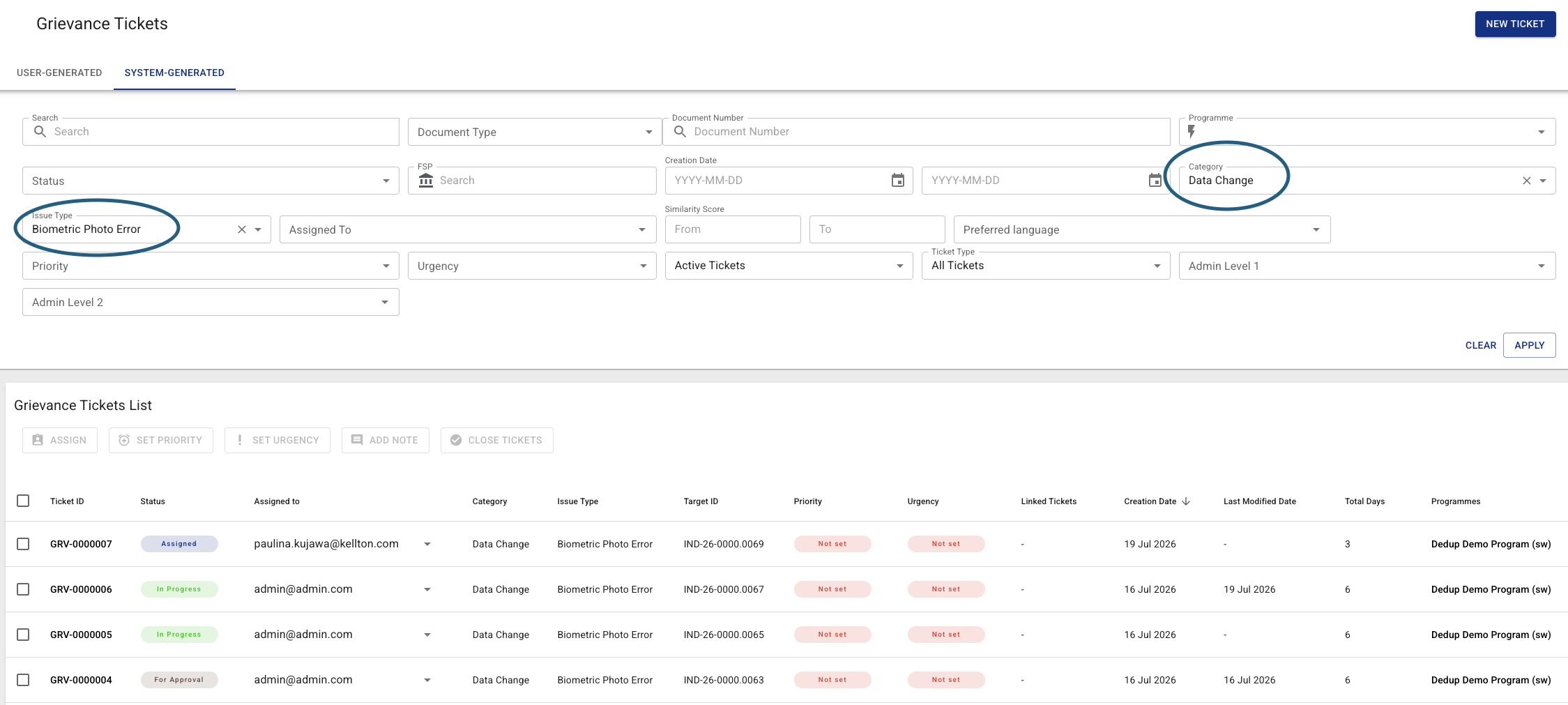 Photo Error tickets under the System-Generated tab, filtered by Category and Issue Type