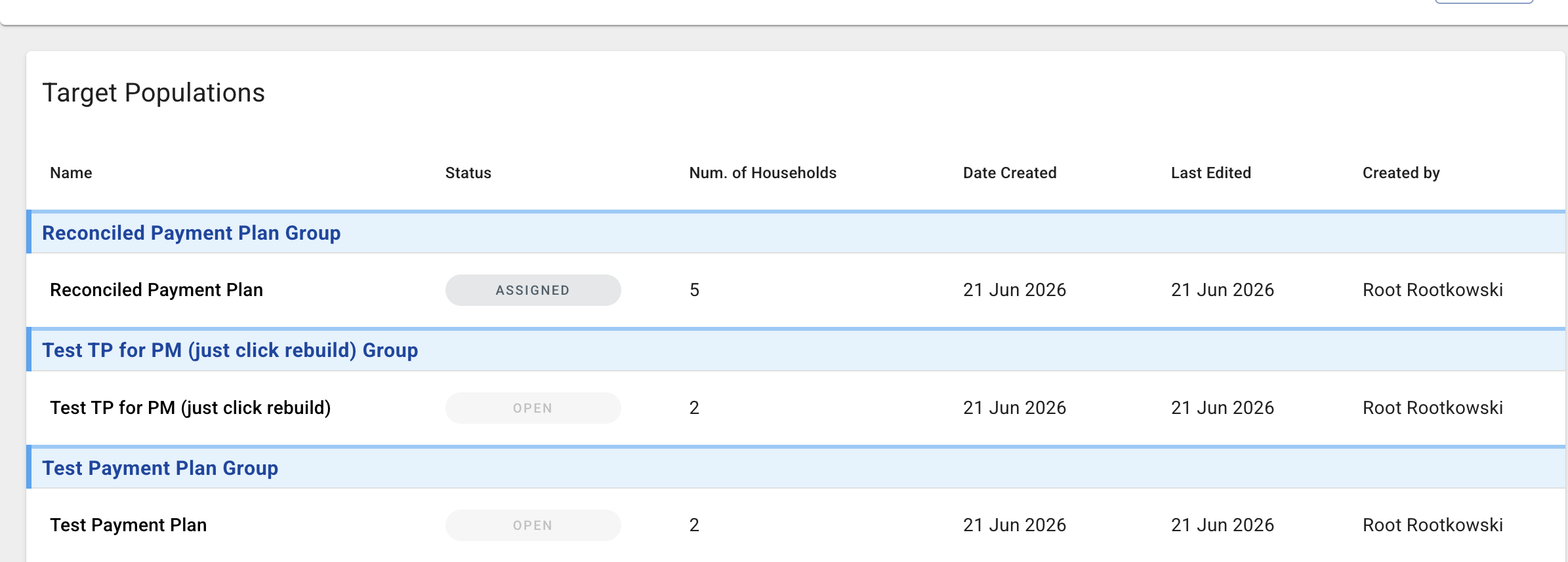 Target Populations list with group section headers