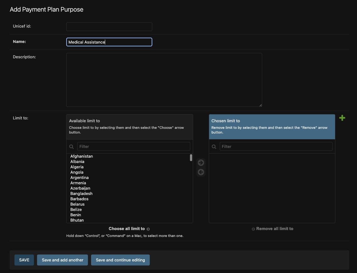 Adding a new Purpose in Django admin