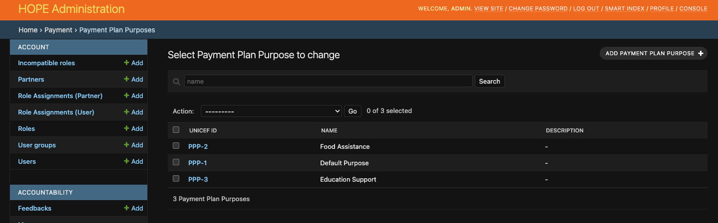 Purposes list in Django admin