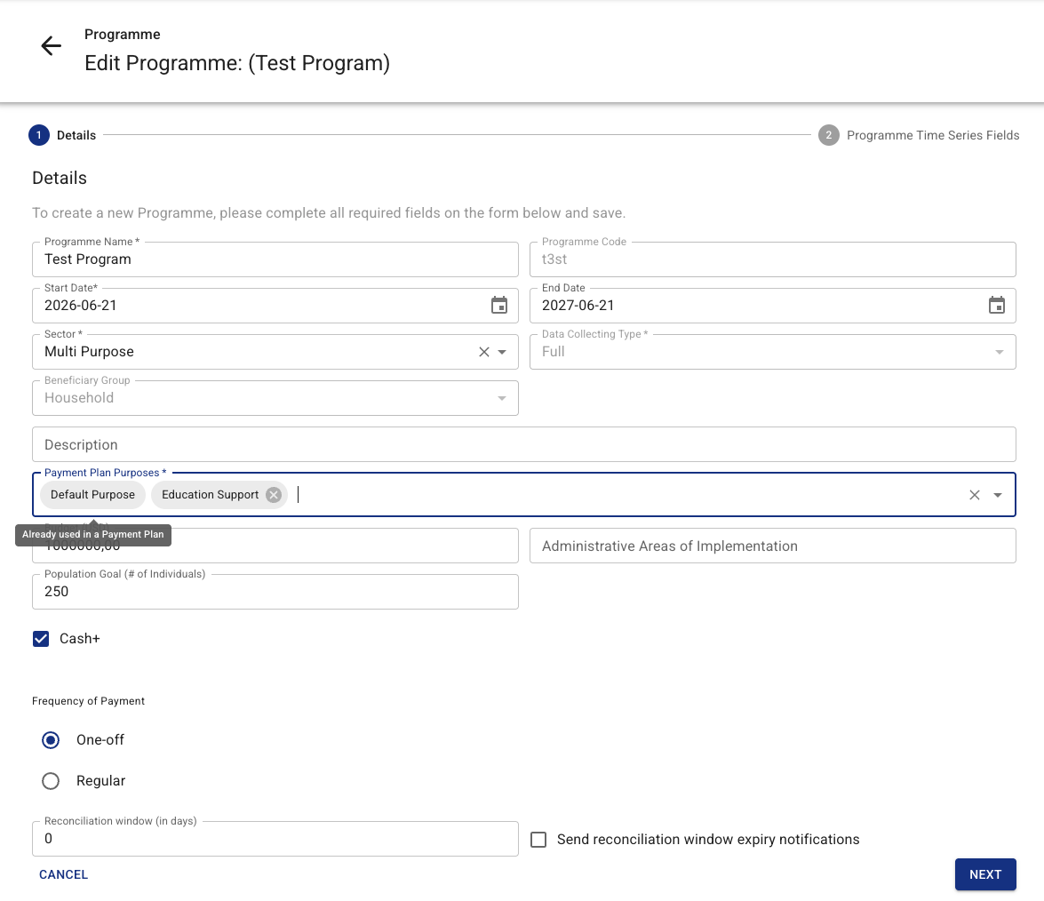 Selecting Purposes when creating a Programme