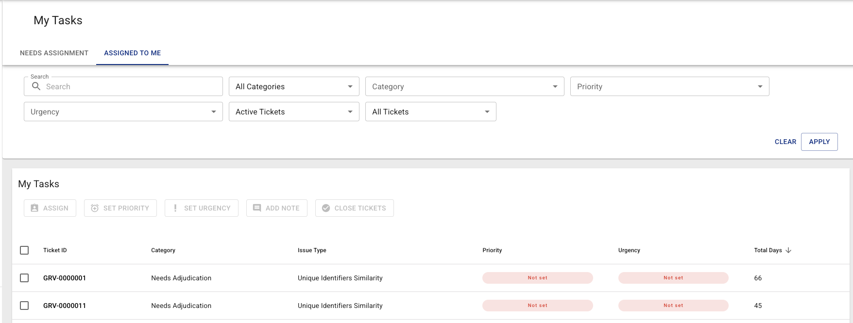 The ASSIGNED TO ME tab, which adds the ticket-status filter and CLOSE TICKETS