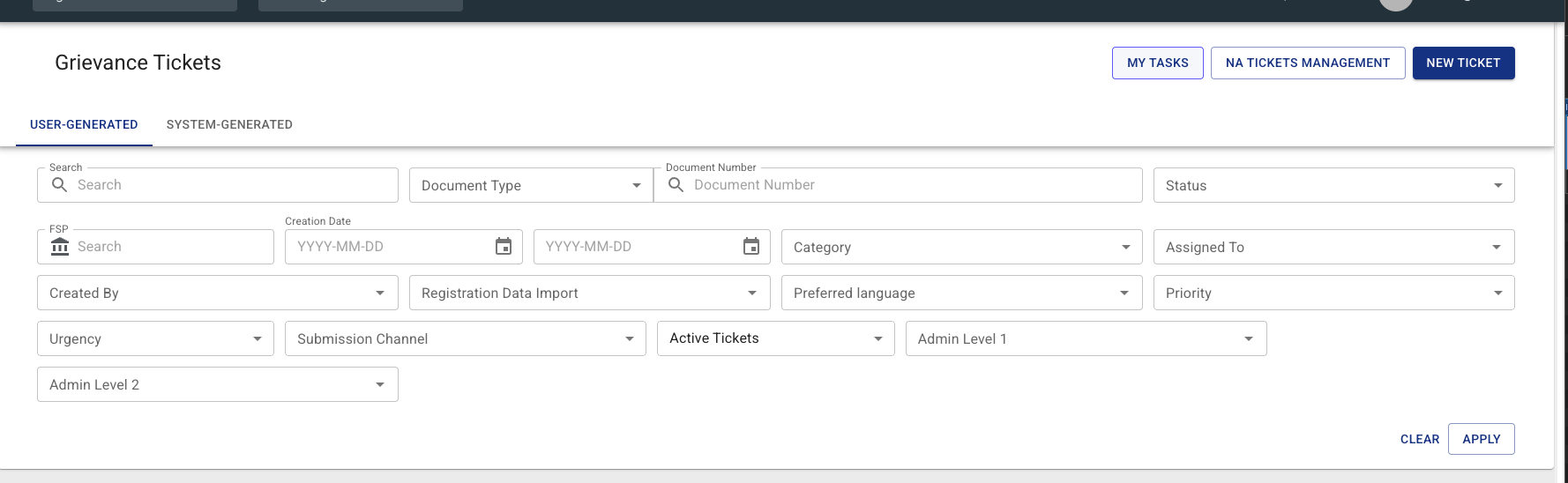 The MY TASKS button in the Grievance Tickets header, beside NA Tickets Management and New Ticket