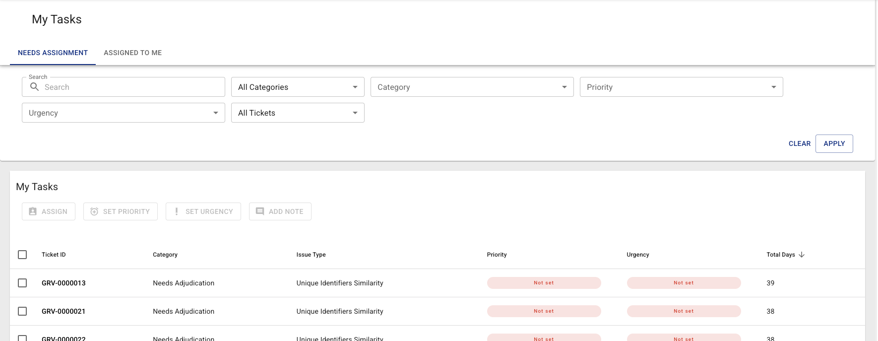 The NEEDS ASSIGNMENT tab: no ticket-status filter and no CLOSE TICKETS action