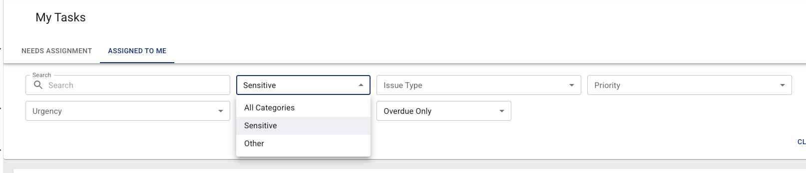 The sensitivity filter open on Sensitive, with Category replaced by Issue Type