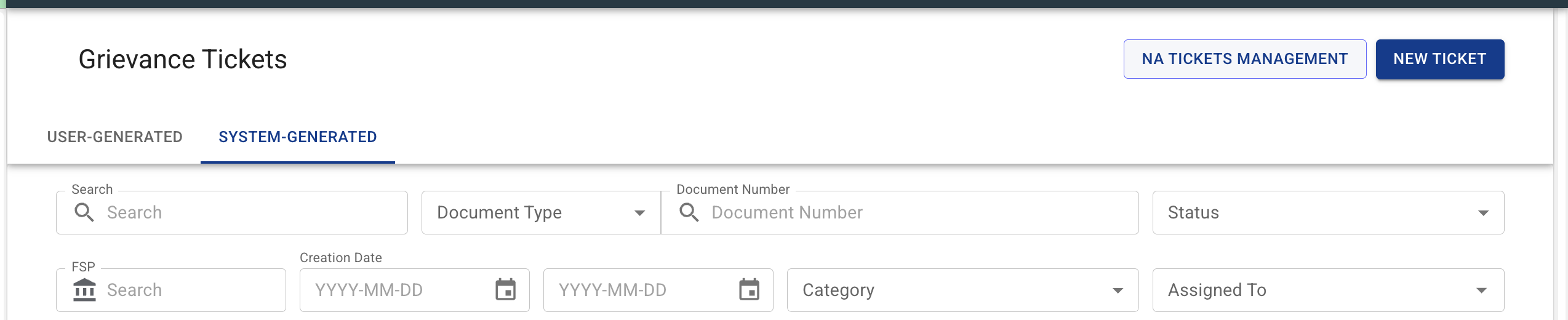 The NA Tickets Management button in the Grievance Tickets header, beside New Ticket
