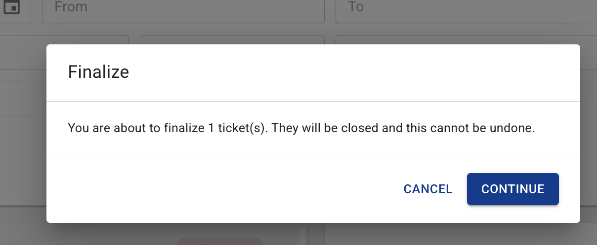 The Finalize confirmation dialog, with Cancel and Continue