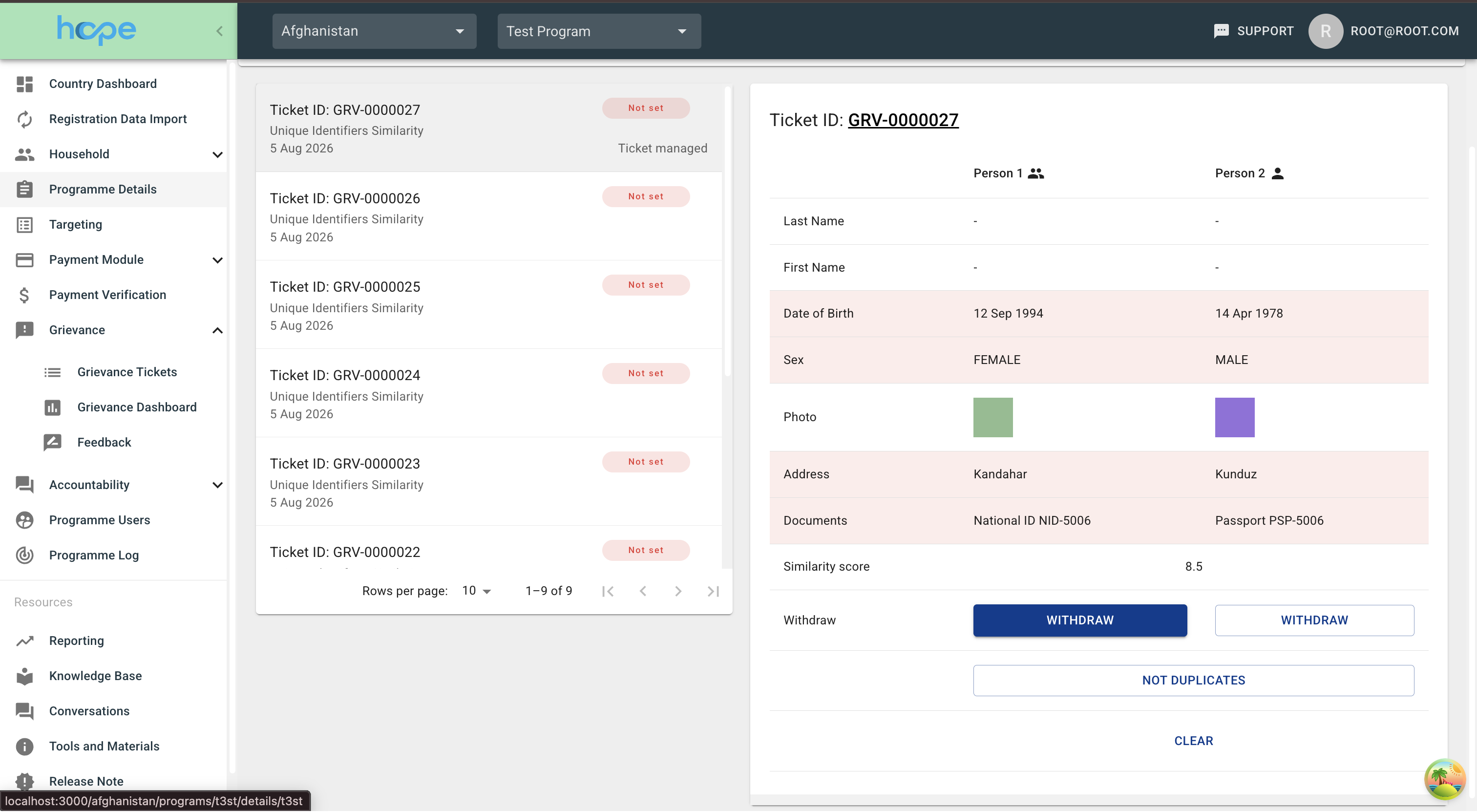 After withdrawing Person 1: the button is filled, the list row reads Ticket managed, and the column icons have changed