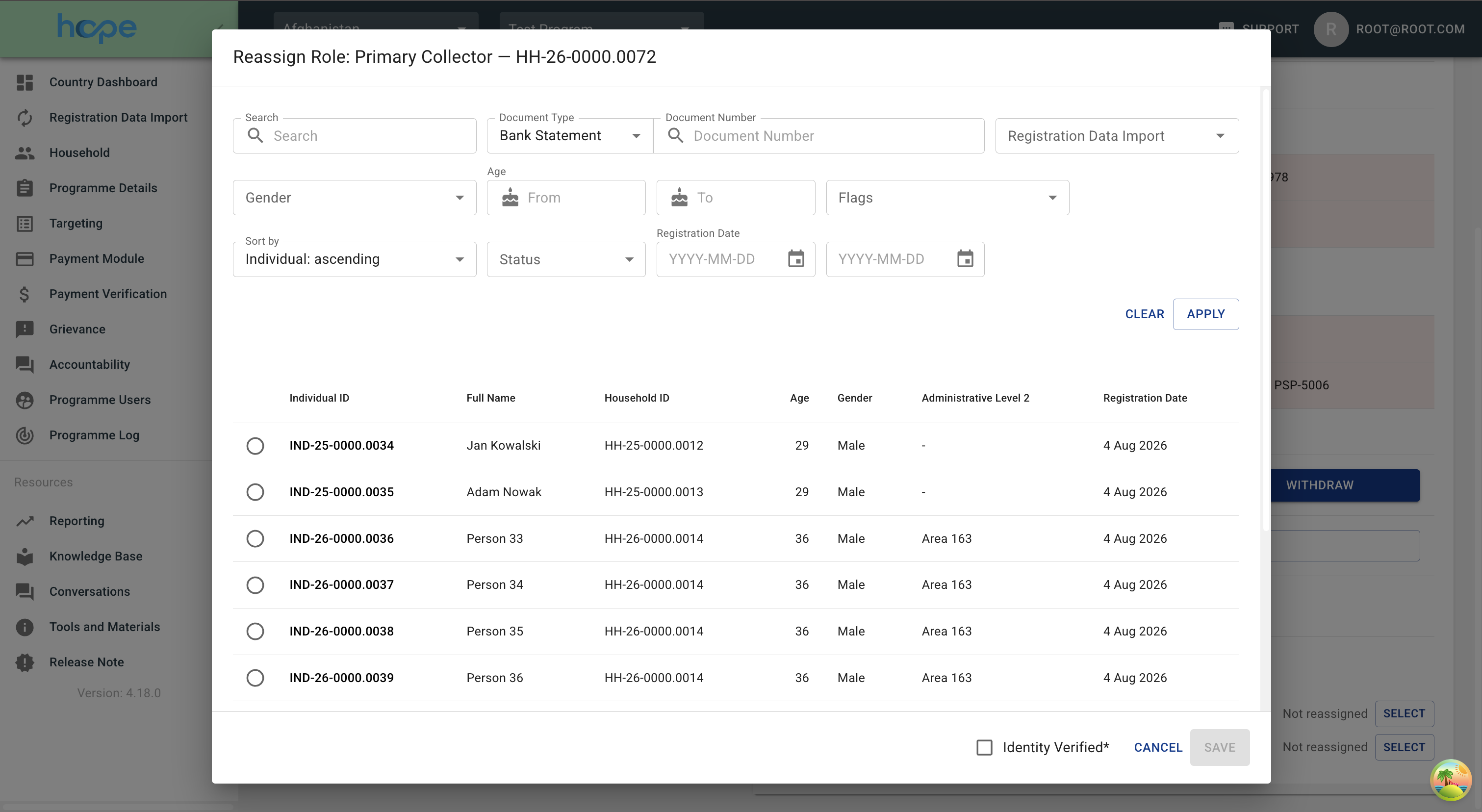 The Reassign Role dialog: individual filters, the lookup table, and Save disabled until an individual is picked and Identity Verified is ticked